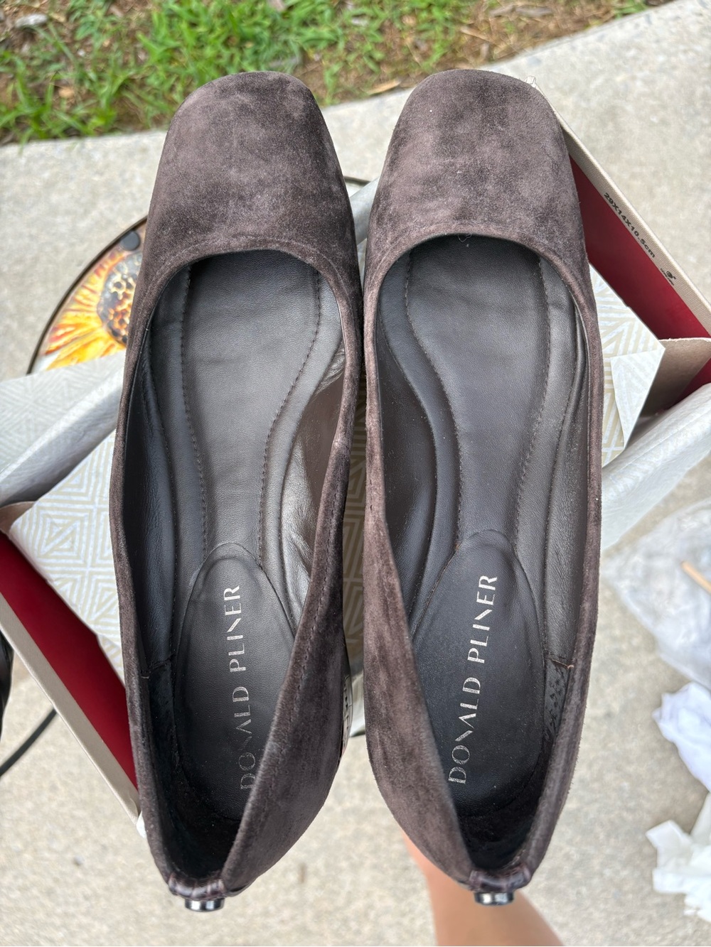 Donald J. Pliner Dark Brown Suede Square-Toe Flats With Croc Embossed Heels - Picture 2 of 6